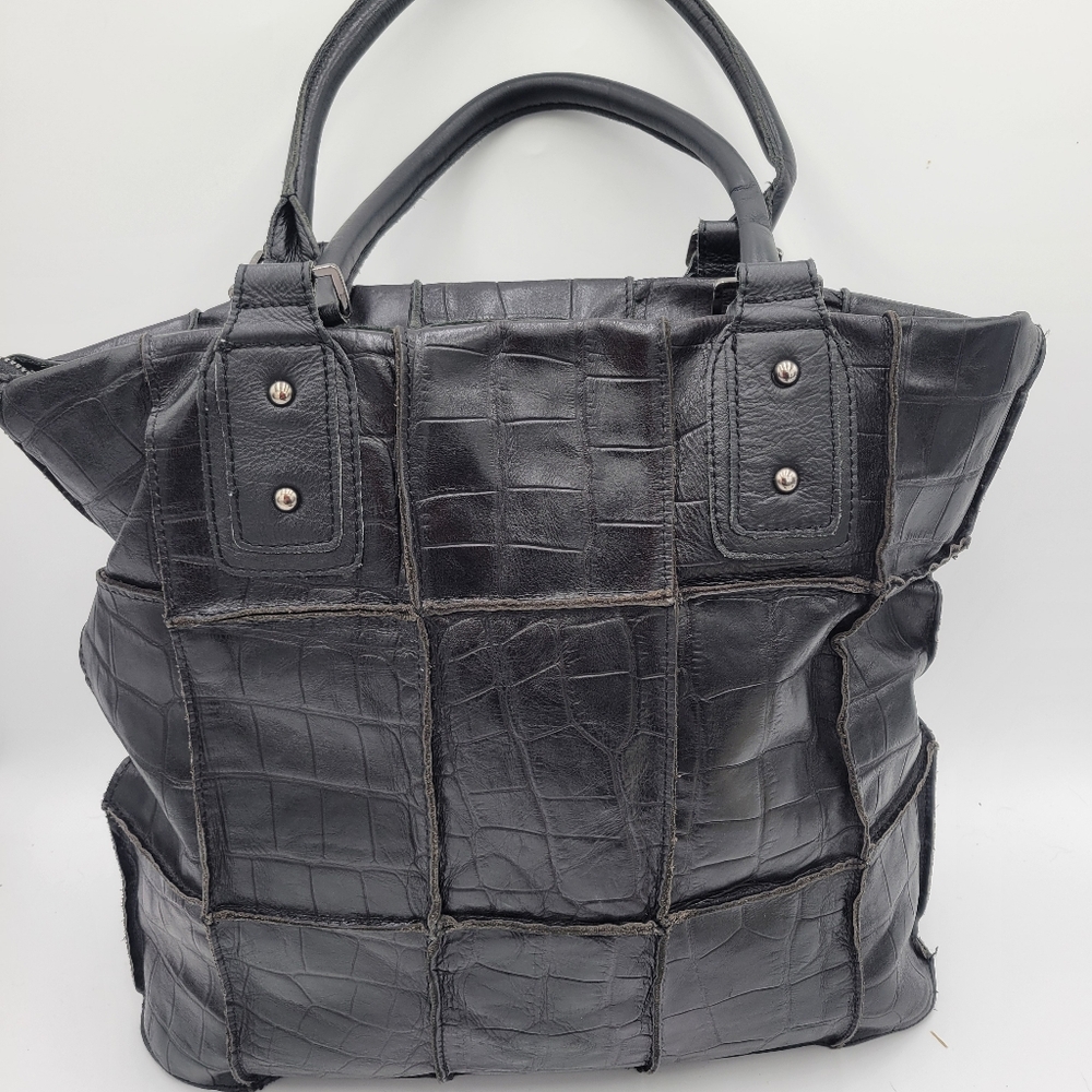 CHOCOLAT BLU Black Leather Croc-Embossed Patchwork Tote Bag - Picture 6 of 13